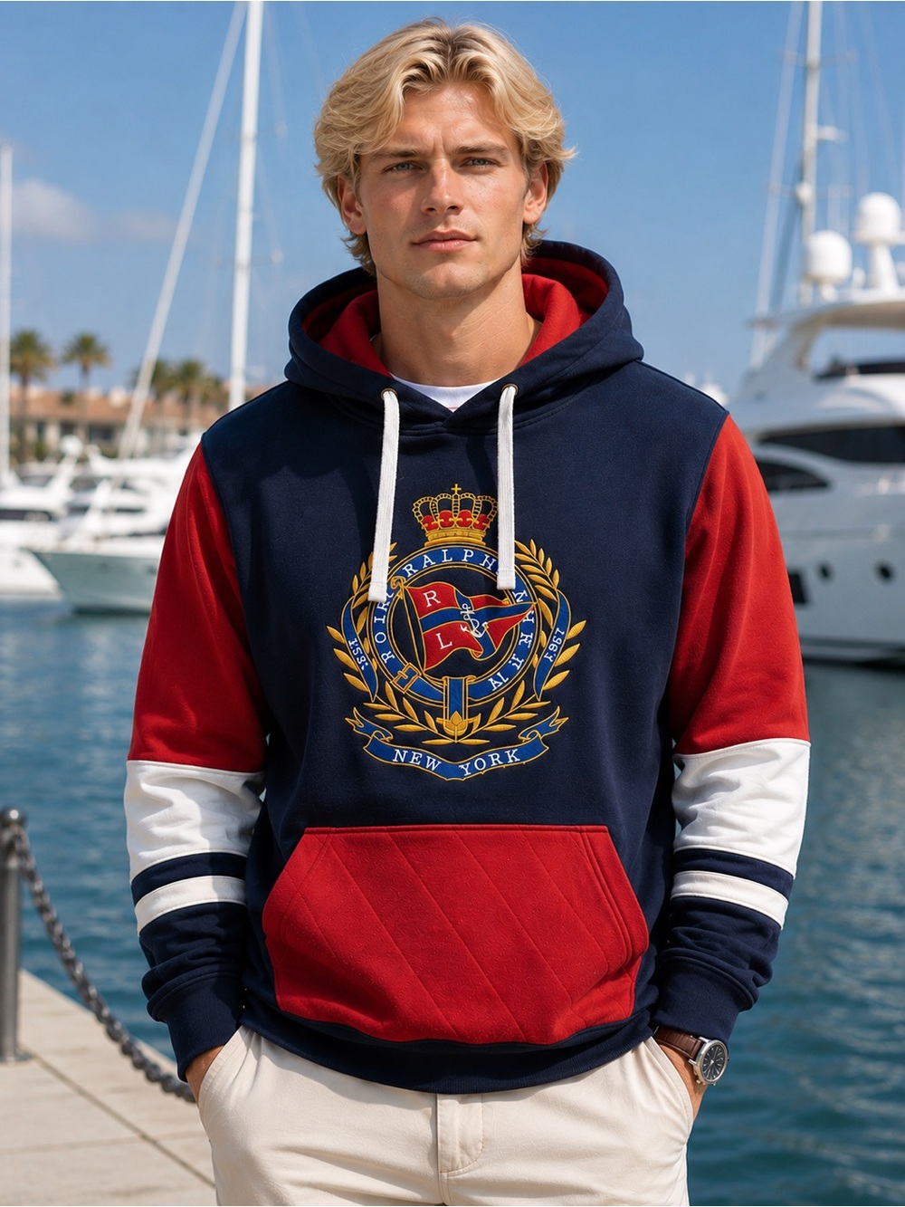 Polo Ralph Lauren Hoodie Men 2XL Nautical Crest Color Block Heritage Preppy Navy